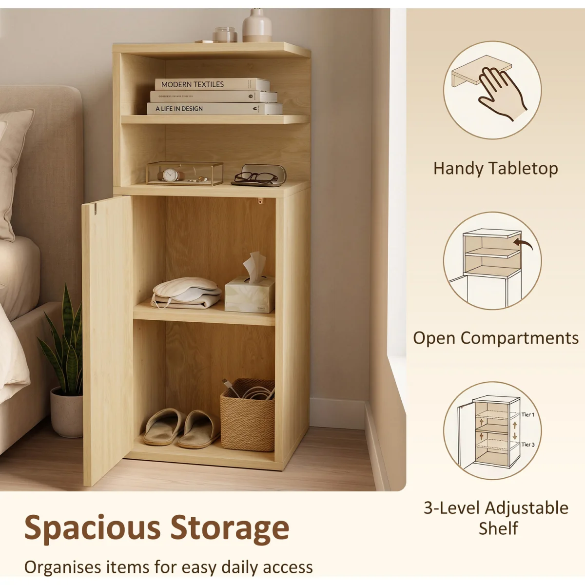 HOMCOM Slim Bedside Table Set of 2 with Open Cubbies and Cupboard - Oak – image 6