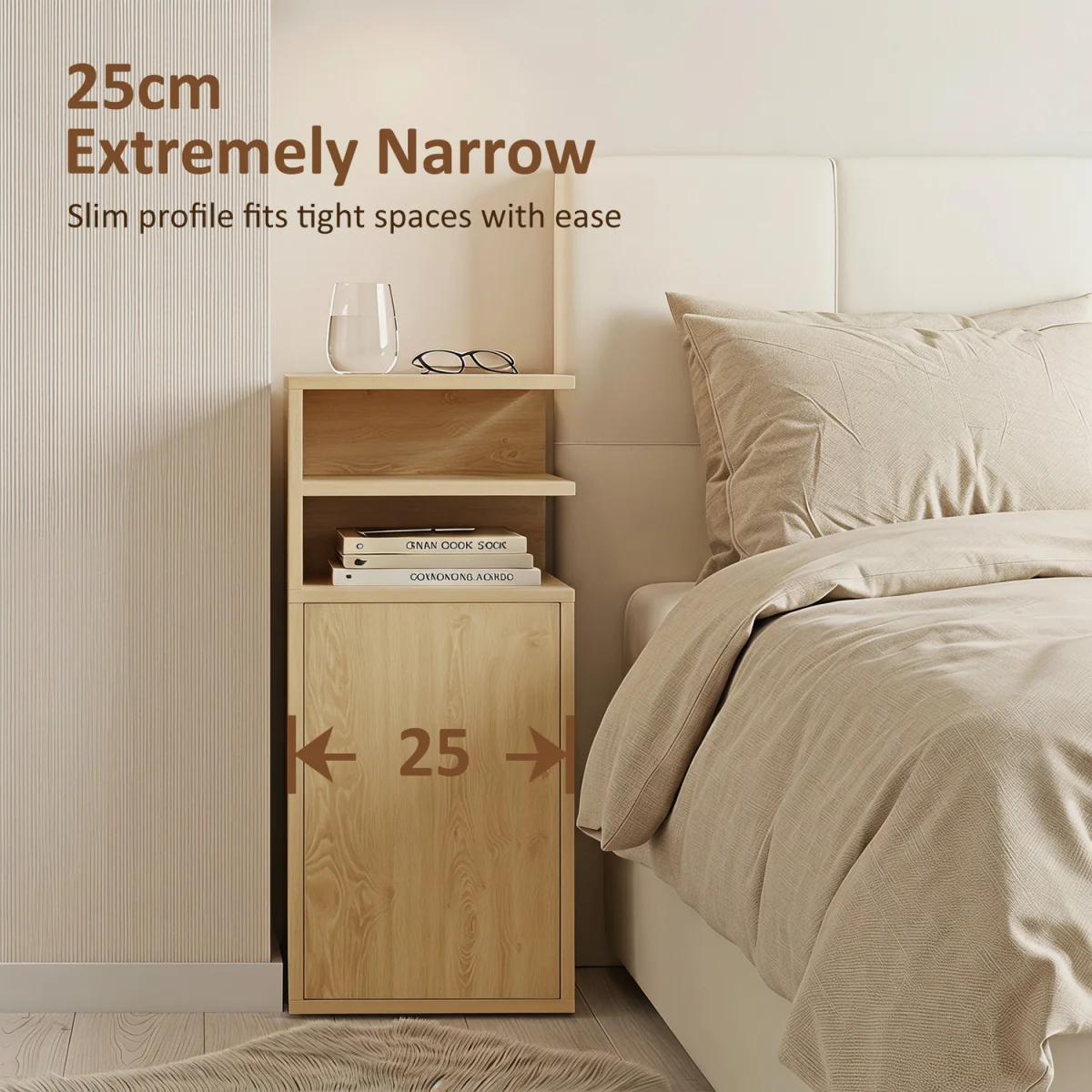 HOMCOM Slim Bedside Table Set of 2 with Open Cubbies and Cupboard - Oak – image 7