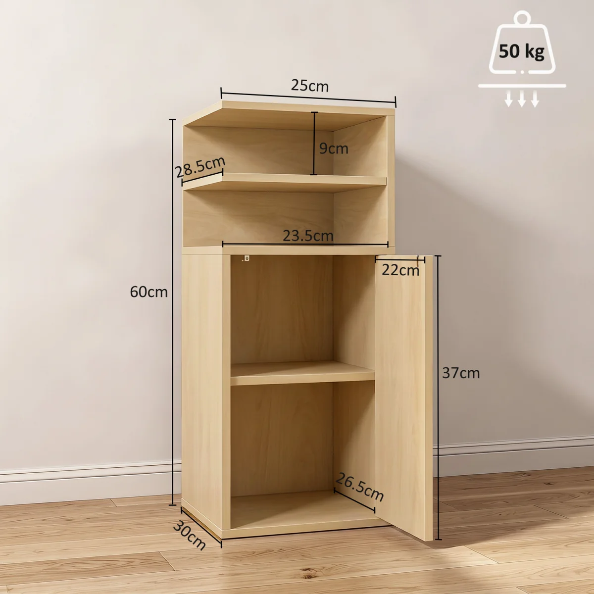 HOMCOM Slim Bedside Table Set of 2 with Open Cubbies and Cupboard - Oak – image 8