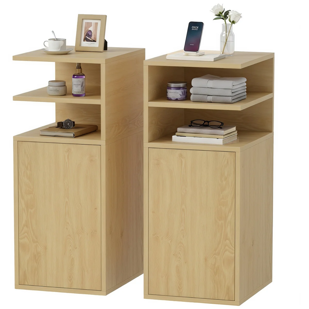 HOMCOM Slim Bedside Table Set of 2 with Open Cubbies and Cupboard - Oak – image 9