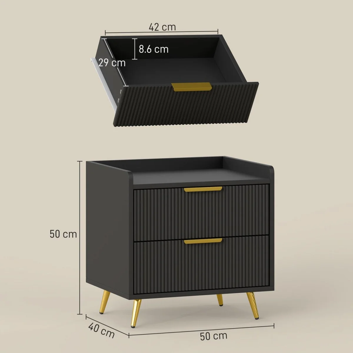 Vevele Black 2-Drawer Ribbed Bedside Table with Gold Accents – image 3