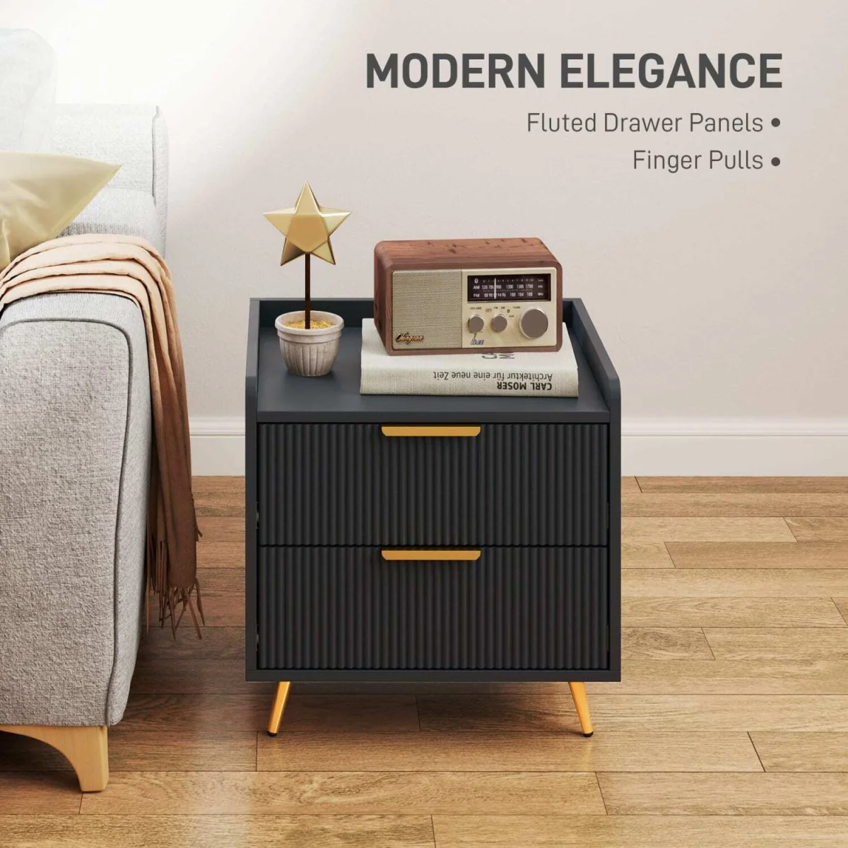 Vevele Black 2-Drawer Ribbed Bedside Table with Gold Accents – image 4