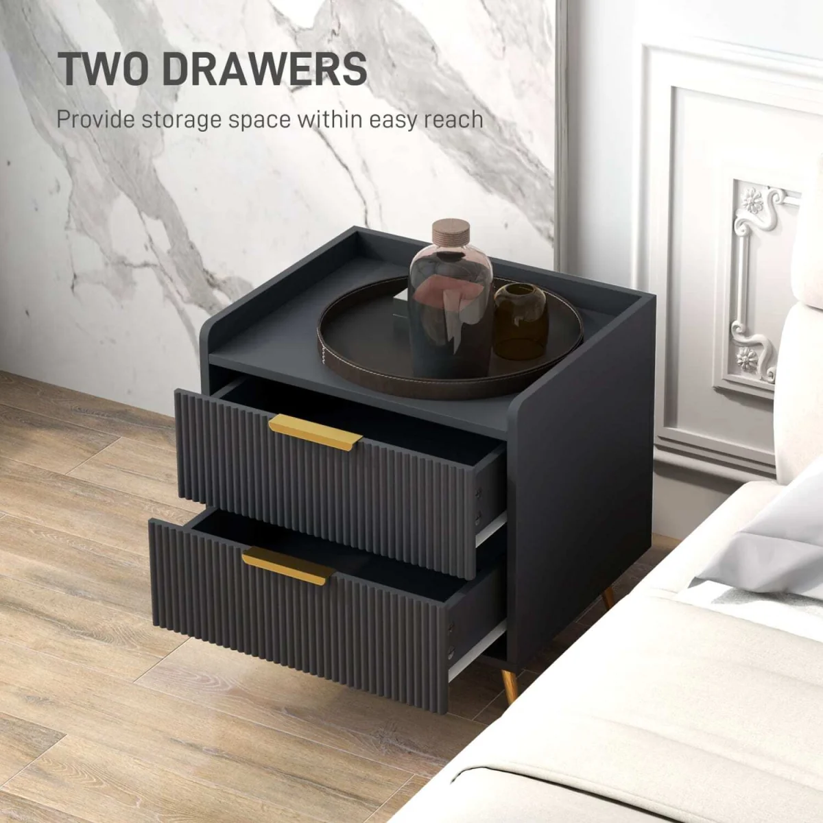 Vevele Black 2-Drawer Ribbed Bedside Table with Gold Accents – image 5