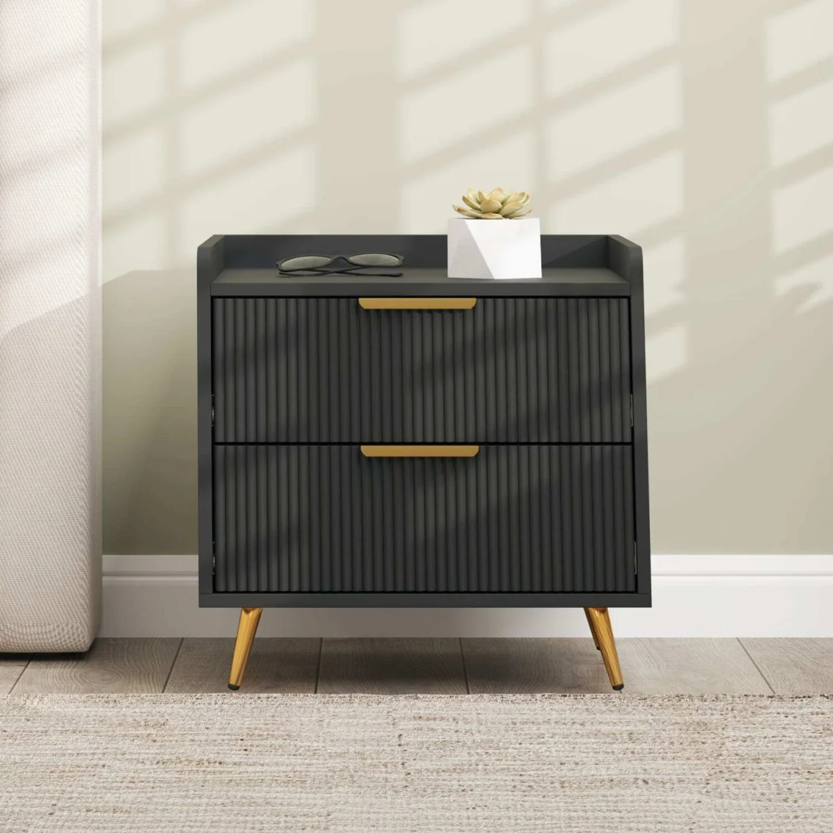 Vevele Black 2-Drawer Ribbed Bedside Table with Gold Accents – image 7