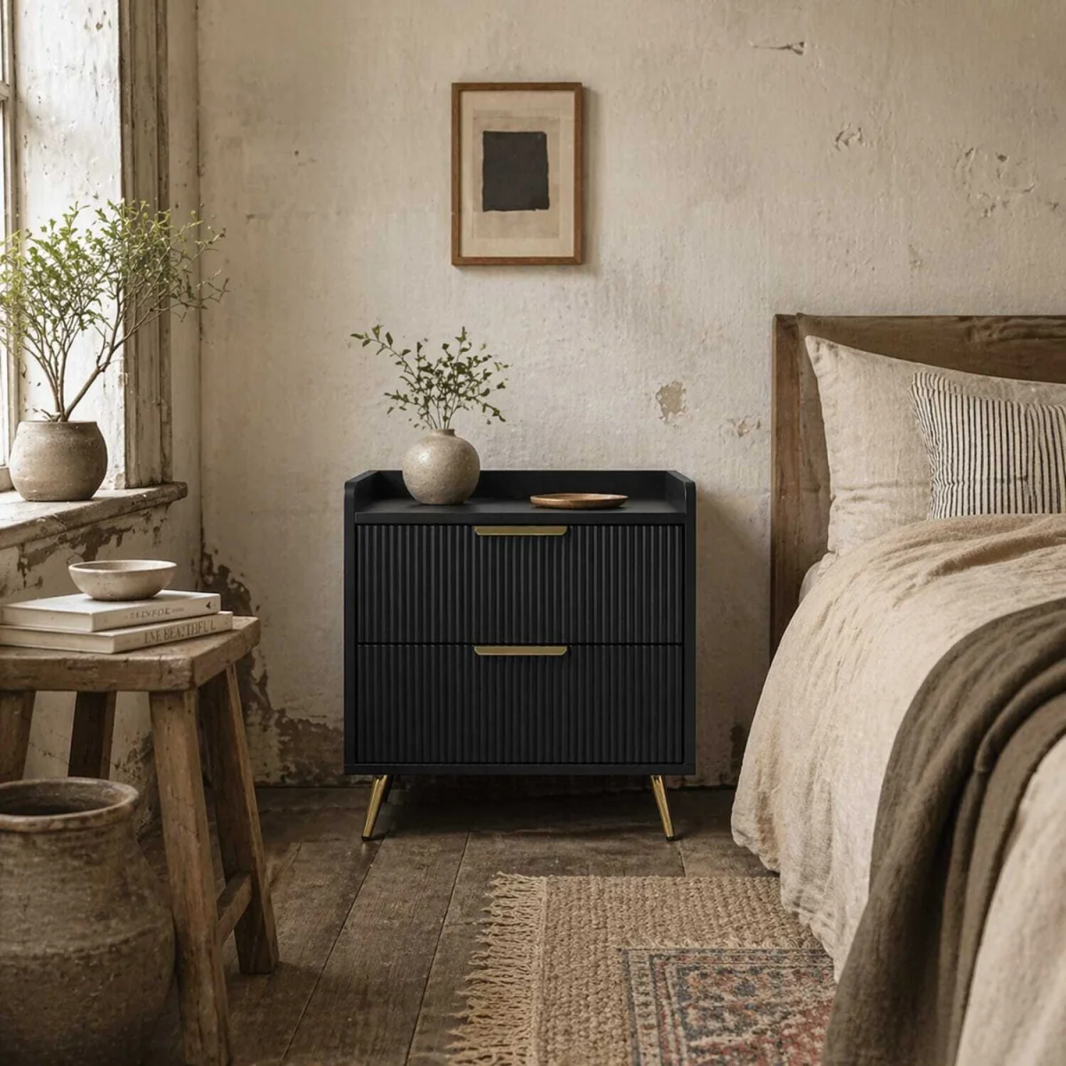 Vevele Black 2-Drawer Ribbed Bedside Table with Gold Accents – image 1