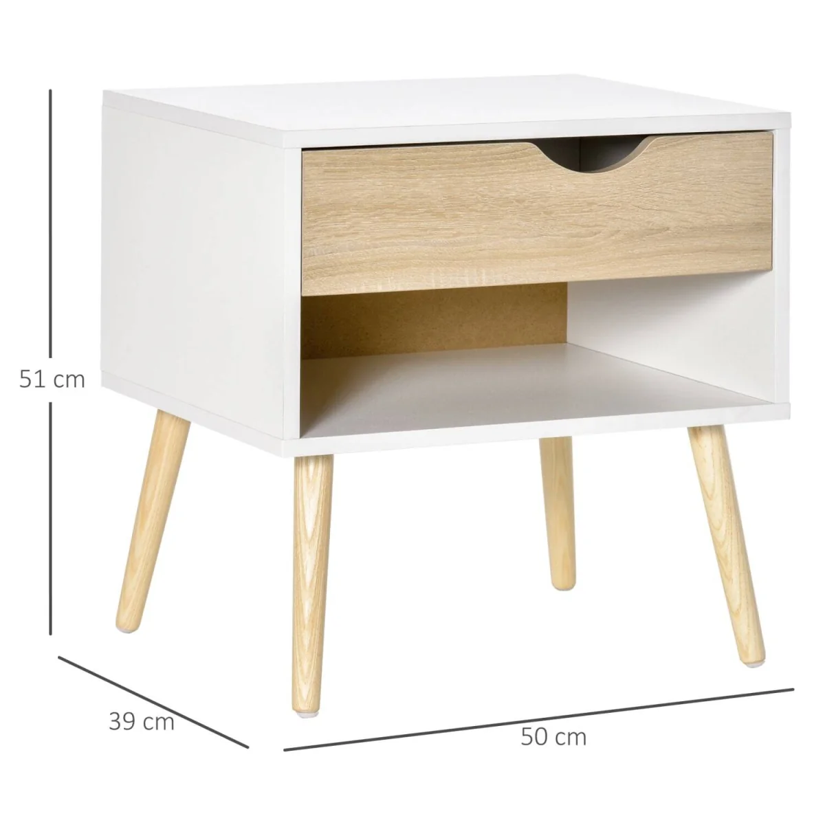 Basuve White and Oak Bedside Table with Drawer and Shelf – image 2