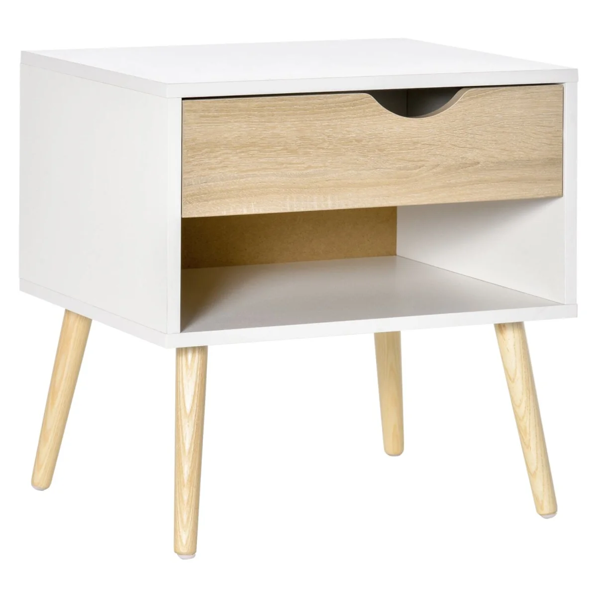 Basuve White and Oak Bedside Table with Drawer and Shelf – image 3