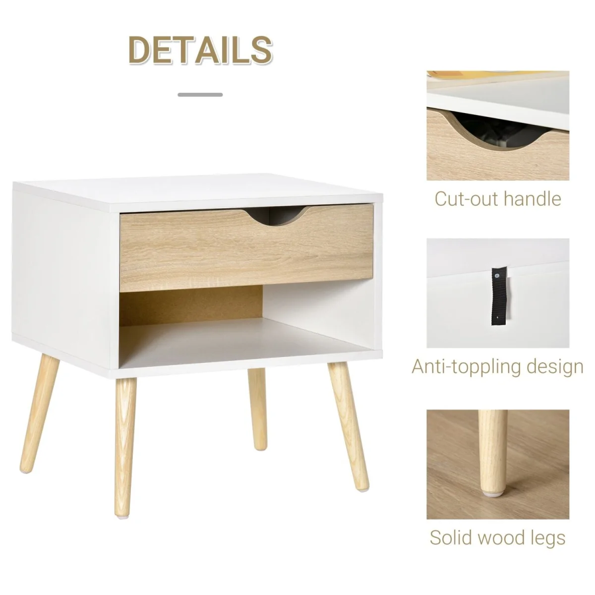 Basuve White and Oak Bedside Table with Drawer and Shelf – image 5