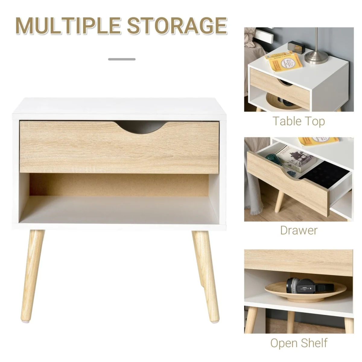 Basuve White and Oak Bedside Table with Drawer and Shelf – image 6