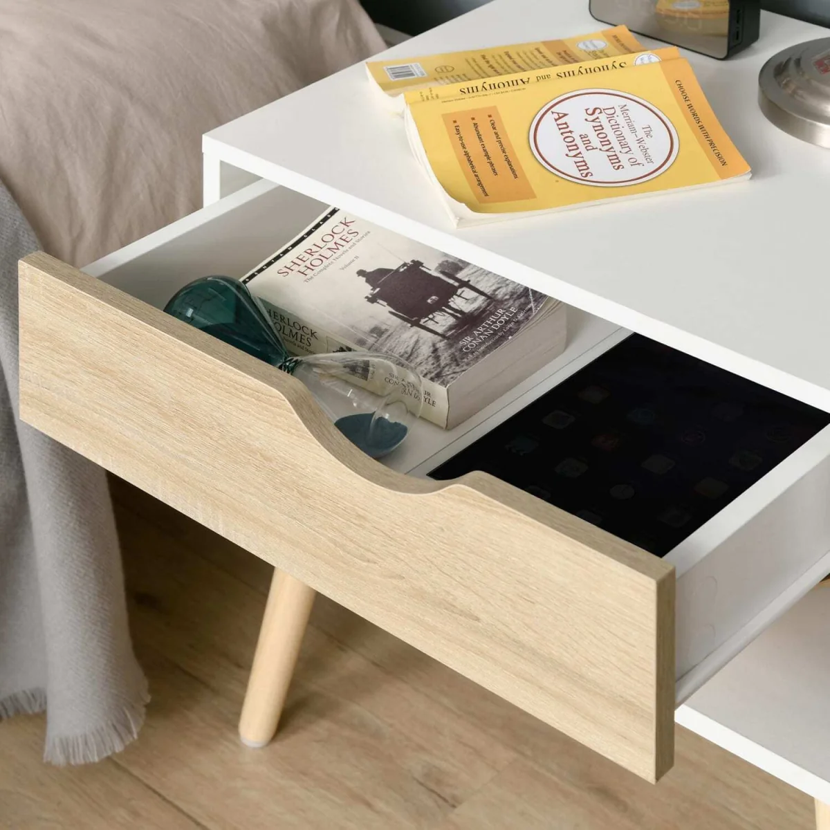 Basuve White and Oak Bedside Table with Drawer and Shelf – image 7
