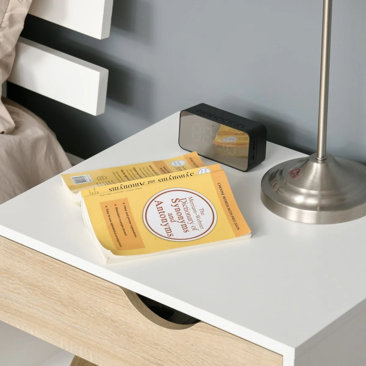 Basuve White and Oak Bedside Table with Drawer and Shelf – image 8