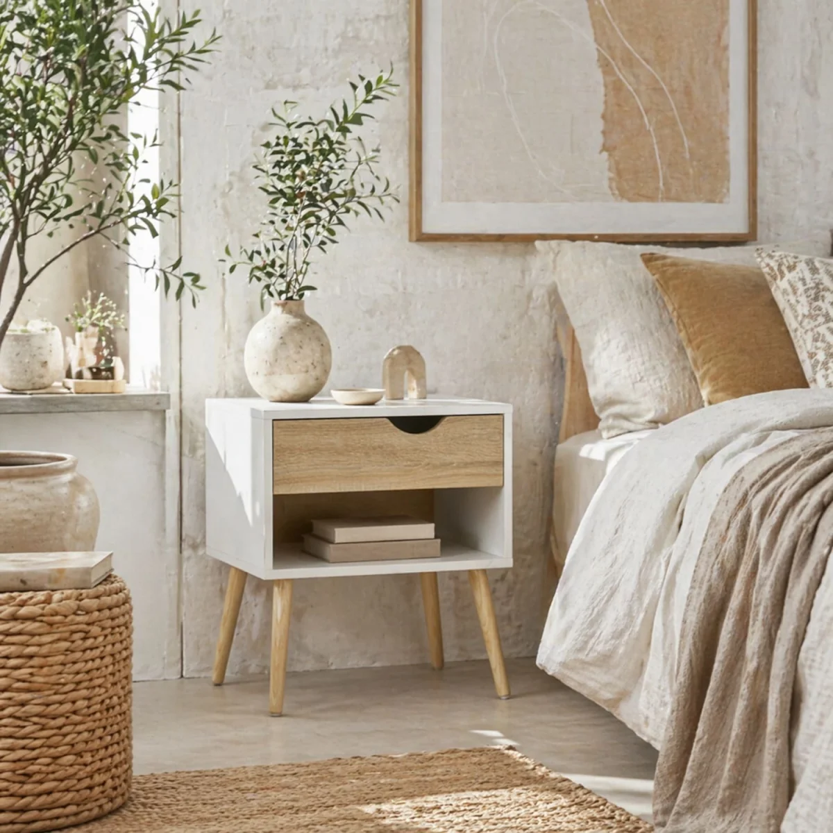 Basuve White and Oak Bedside Table with Drawer and Shelf – image 1