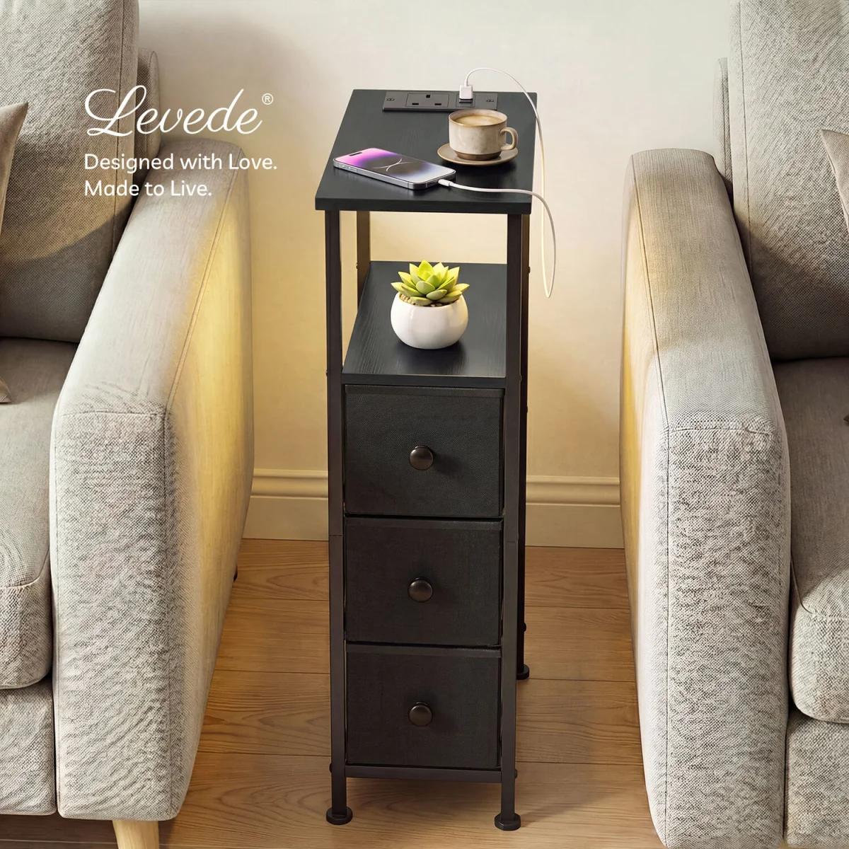 Slim Bedside Table with Charging Station LED Light 3 Drawers Black - Black – image 3