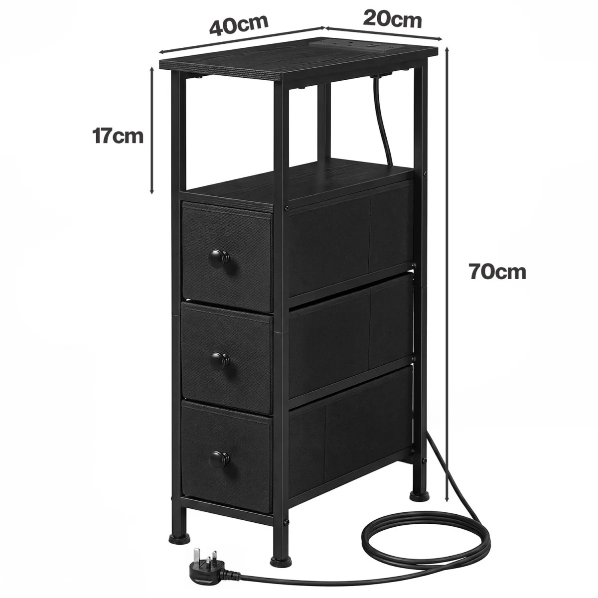 Slim Bedside Table with Charging Station LED Light 3 Drawers Black - Black – image 4