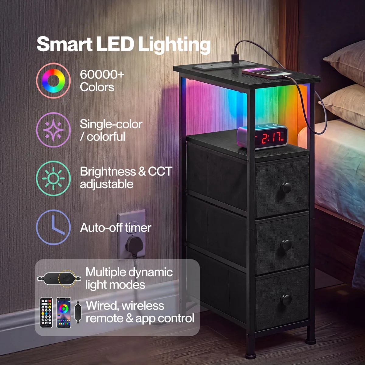 Slim Bedside Table with Charging Station LED Light 3 Drawers Black - Black – image 5