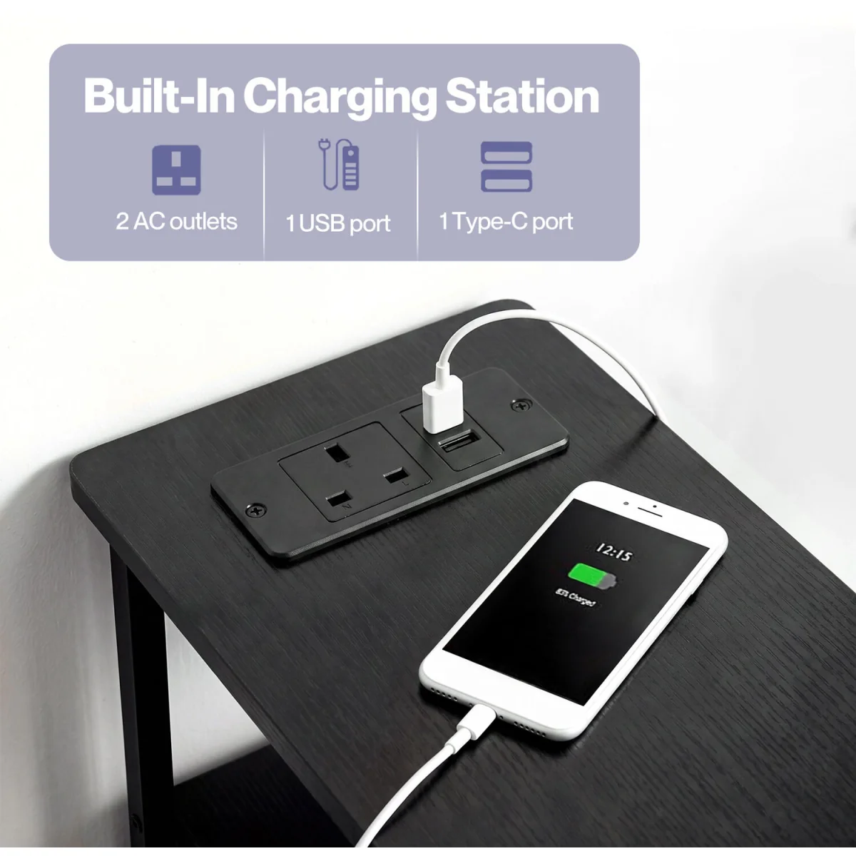 Slim Bedside Table with Charging Station LED Light 3 Drawers Black - Black – image 6