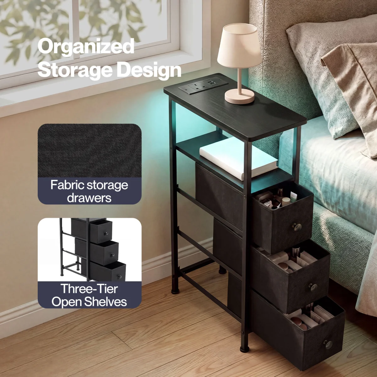 Slim Bedside Table with Charging Station LED Light 3 Drawers Black - Black – image 7