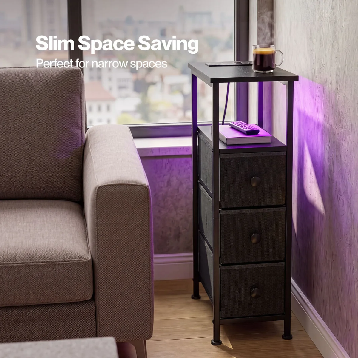 Slim Bedside Table with Charging Station LED Light 3 Drawers Black - Black – image 8