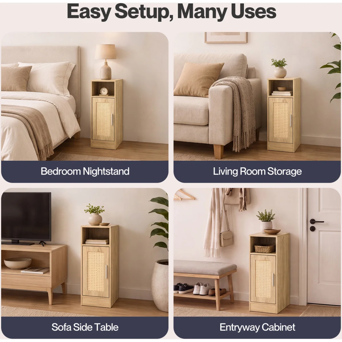 Bedside Table 2 Pcs Slim Bedside Table with Storage Rattan Door Wood - Brown – image 2