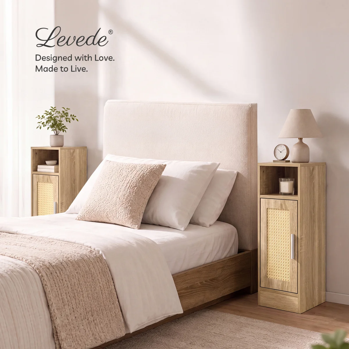 Bedside Table 2 Pcs Slim Bedside Table with Storage Rattan Door Wood - Brown – image 3