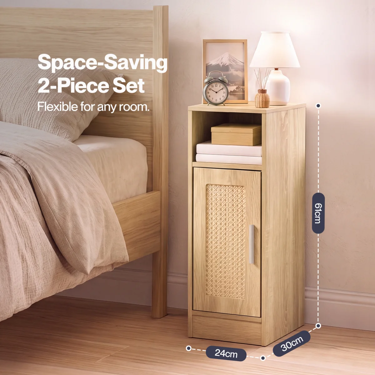 Bedside Table 2 Pcs Slim Bedside Table with Storage Rattan Door Wood - Brown – image 5