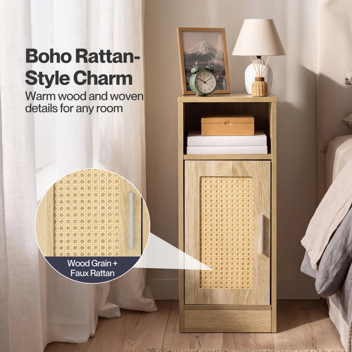 Bedside Table 2 Pcs Slim Bedside Table with Storage Rattan Door Wood - Brown – image 6