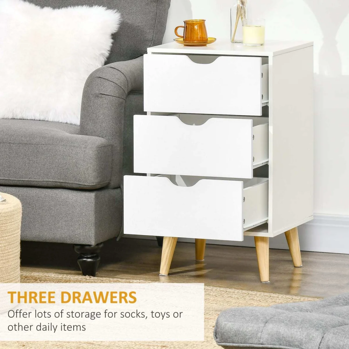 Rato White Bedside Table with 3 Drawers and Natural Wood Legs – image 2