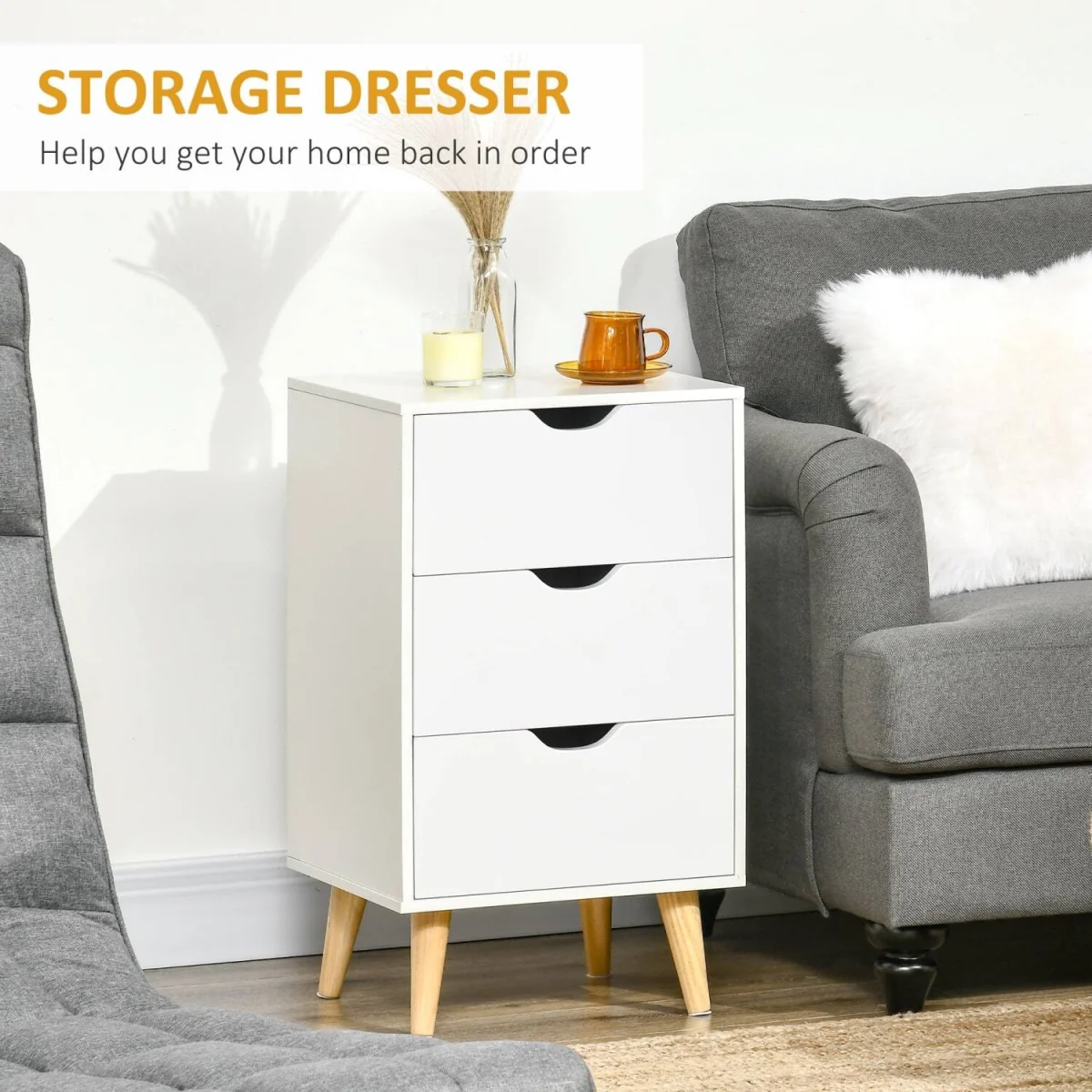 Rato White Bedside Table with 3 Drawers and Natural Wood Legs – image 5