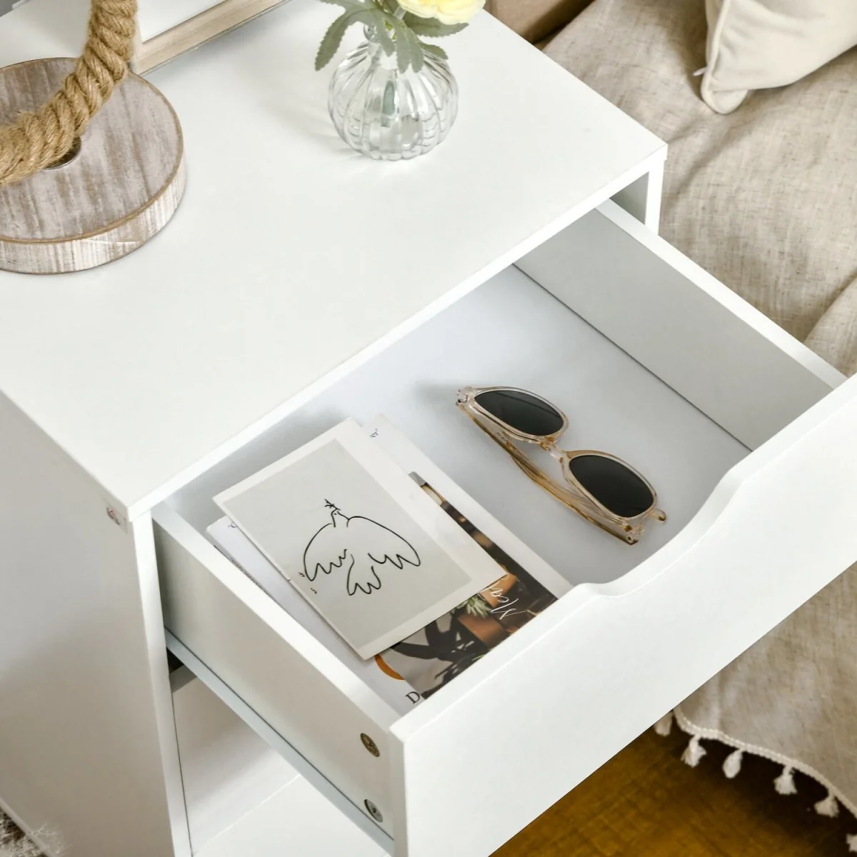 Rato White Bedside Table with 3 Drawers and Natural Wood Legs – image 7