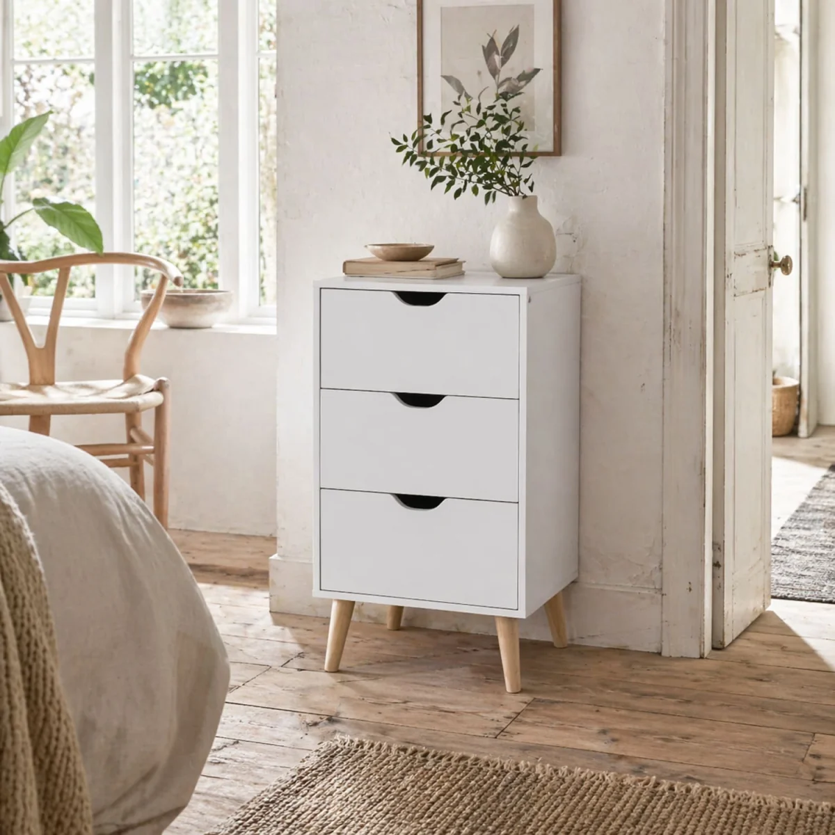 Rato White Bedside Table with 3 Drawers and Natural Wood Legs – image 1