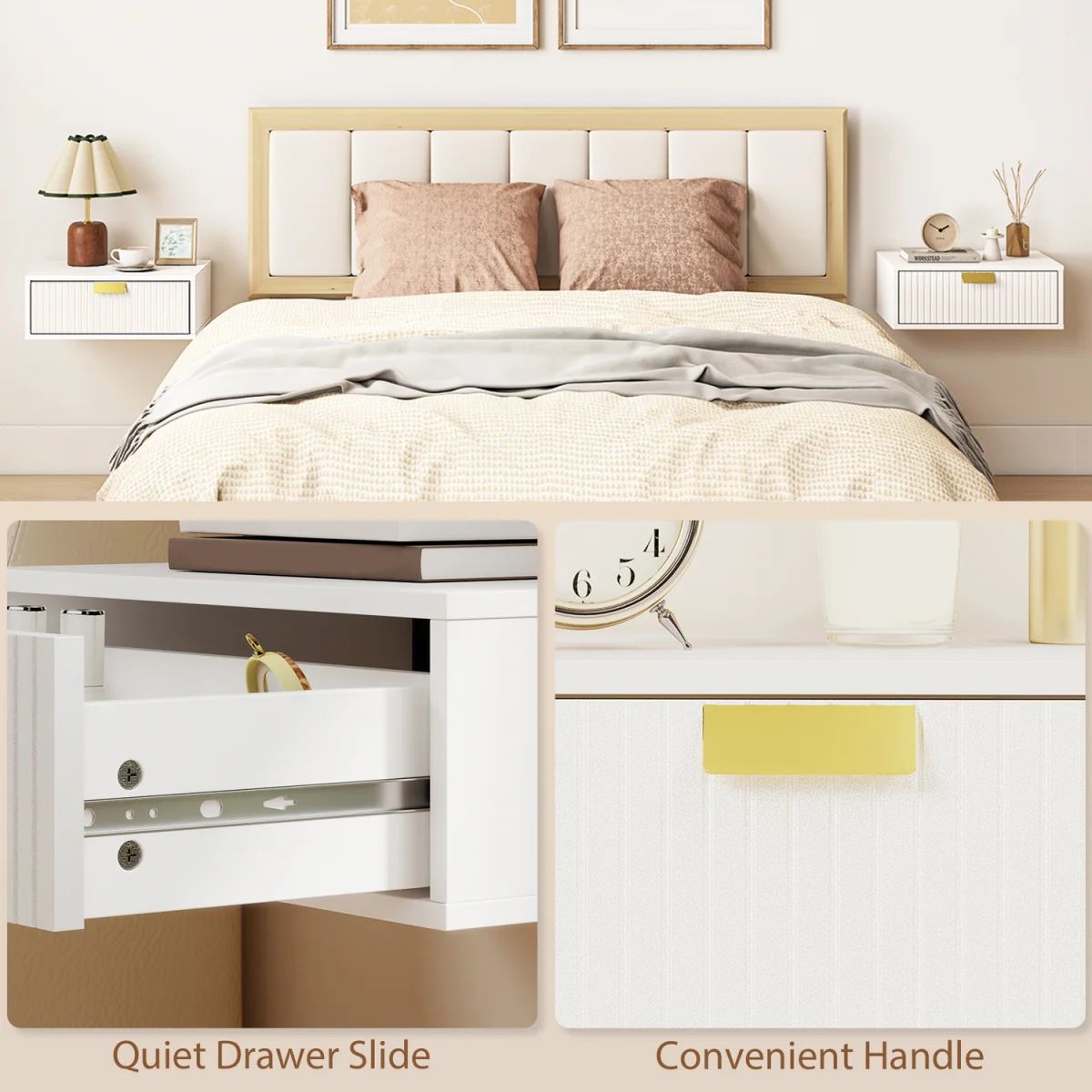 HOMCOM Floating Nightstands Set of 2 Bedside Tables Wave Drawer - White – image 3