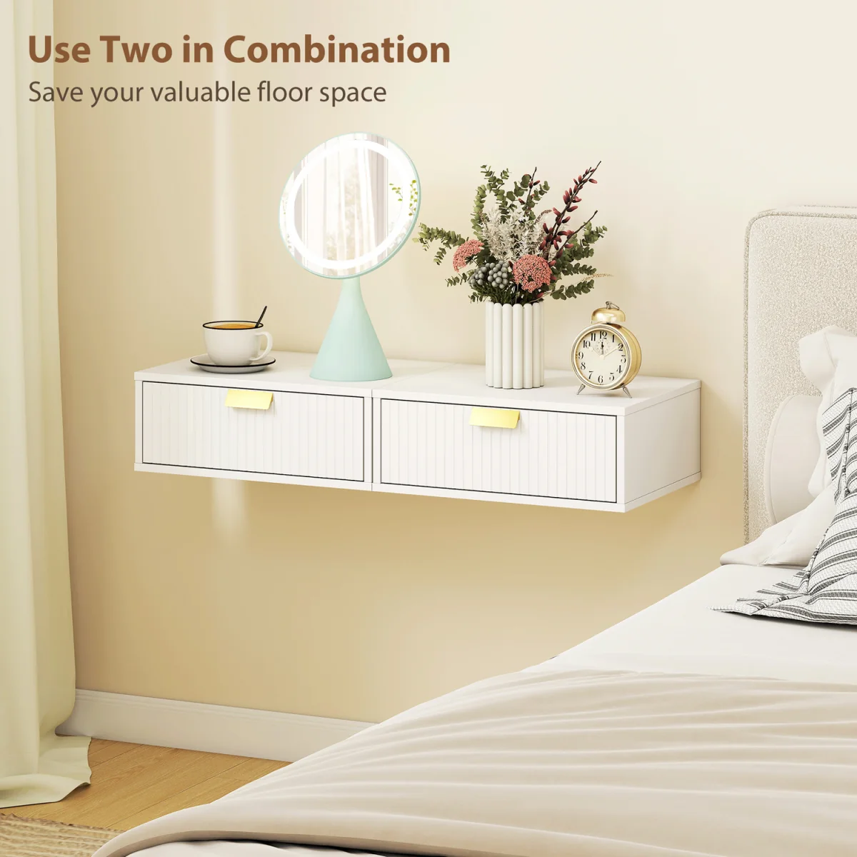HOMCOM Floating Nightstands Set of 2 Bedside Tables Wave Drawer - White – image 5