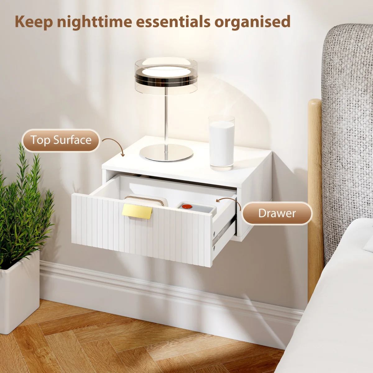 HOMCOM Floating Nightstands Set of 2 Bedside Tables Wave Drawer - White – image 6