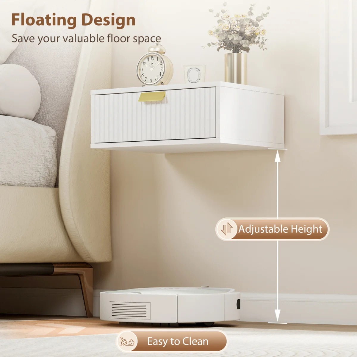 HOMCOM Floating Nightstands Set of 2 Bedside Tables Wave Drawer - White – image 7