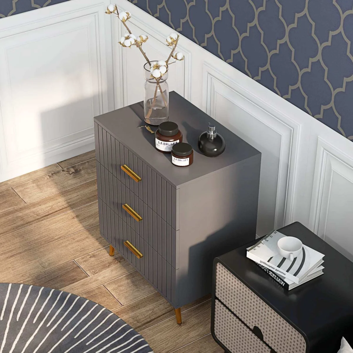 Momase Tall Wooden Grey and Gold Tone 3-Drawer Embossed Bedside Table – image 2
