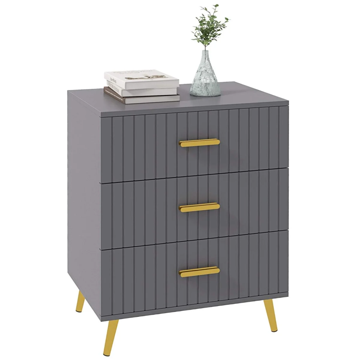 Momase Tall Wooden Grey and Gold Tone 3-Drawer Embossed Bedside Table – image 3