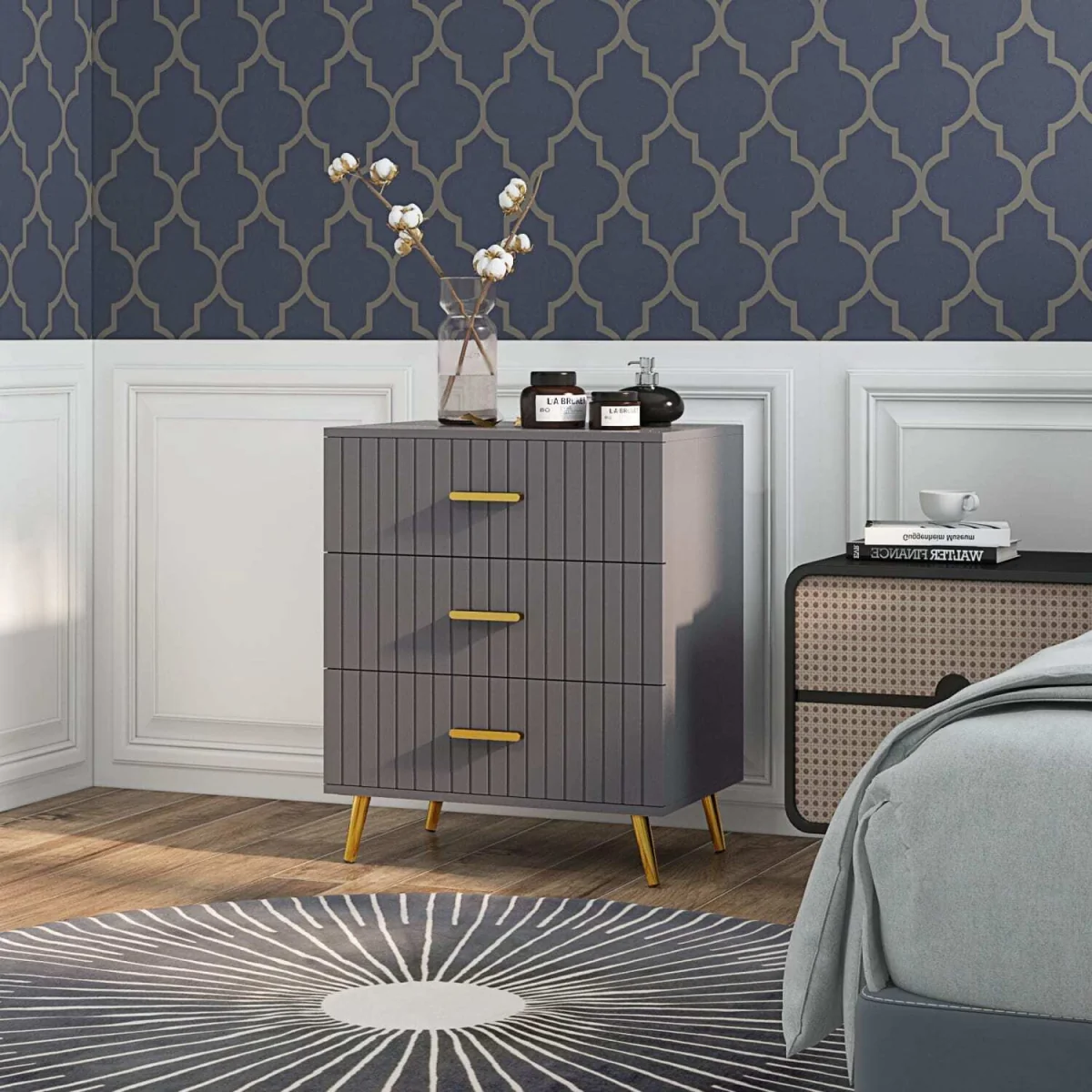 Momase Tall Wooden Grey and Gold Tone 3-Drawer Embossed Bedside Table – image 4