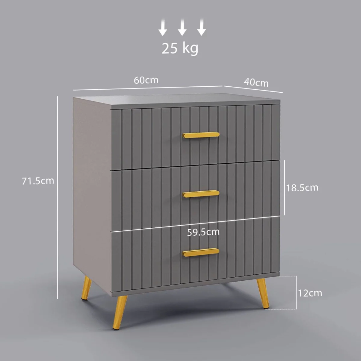 Momase Tall Wooden Grey and Gold Tone 3-Drawer Embossed Bedside Table – image 5