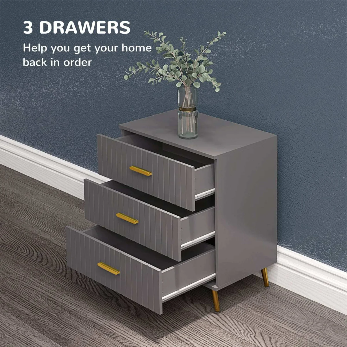 Momase Tall Wooden Grey and Gold Tone 3-Drawer Embossed Bedside Table – image 6