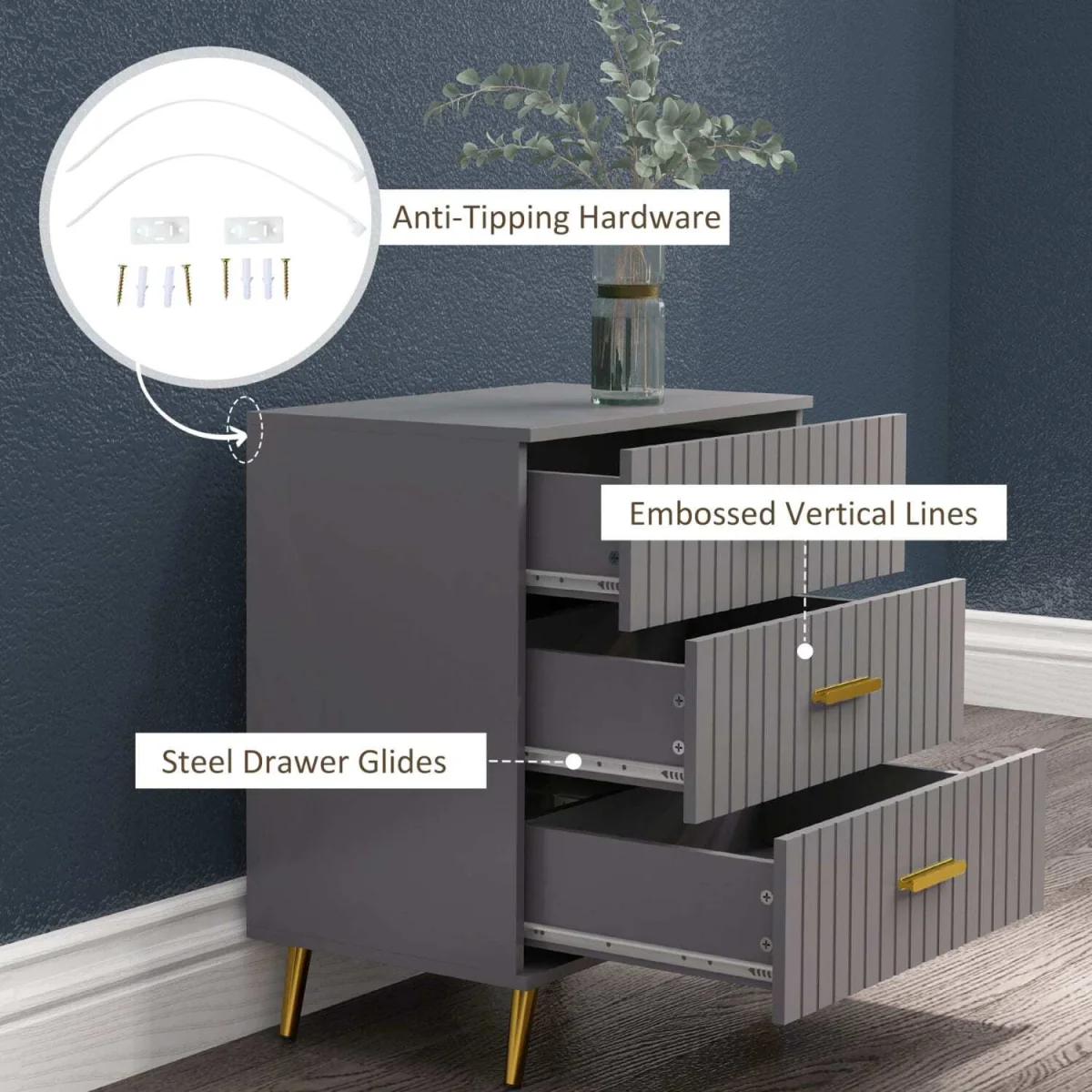 Momase Tall Wooden Grey and Gold Tone 3-Drawer Embossed Bedside Table – image 8