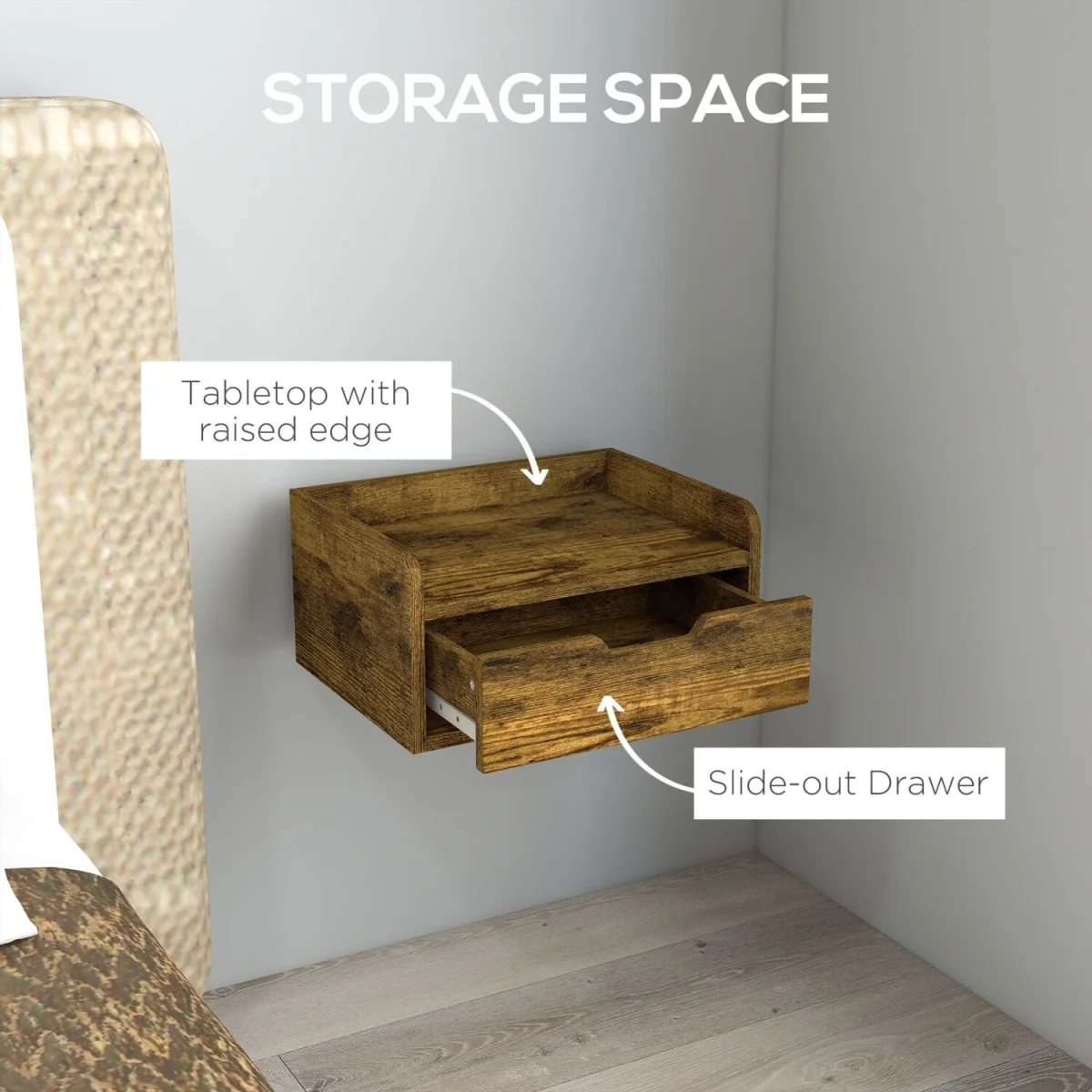 Mita Tova Rustic Brown Set of 2 Wall-Mounted Floating Bedside Tables with Drawer Storage – image 7