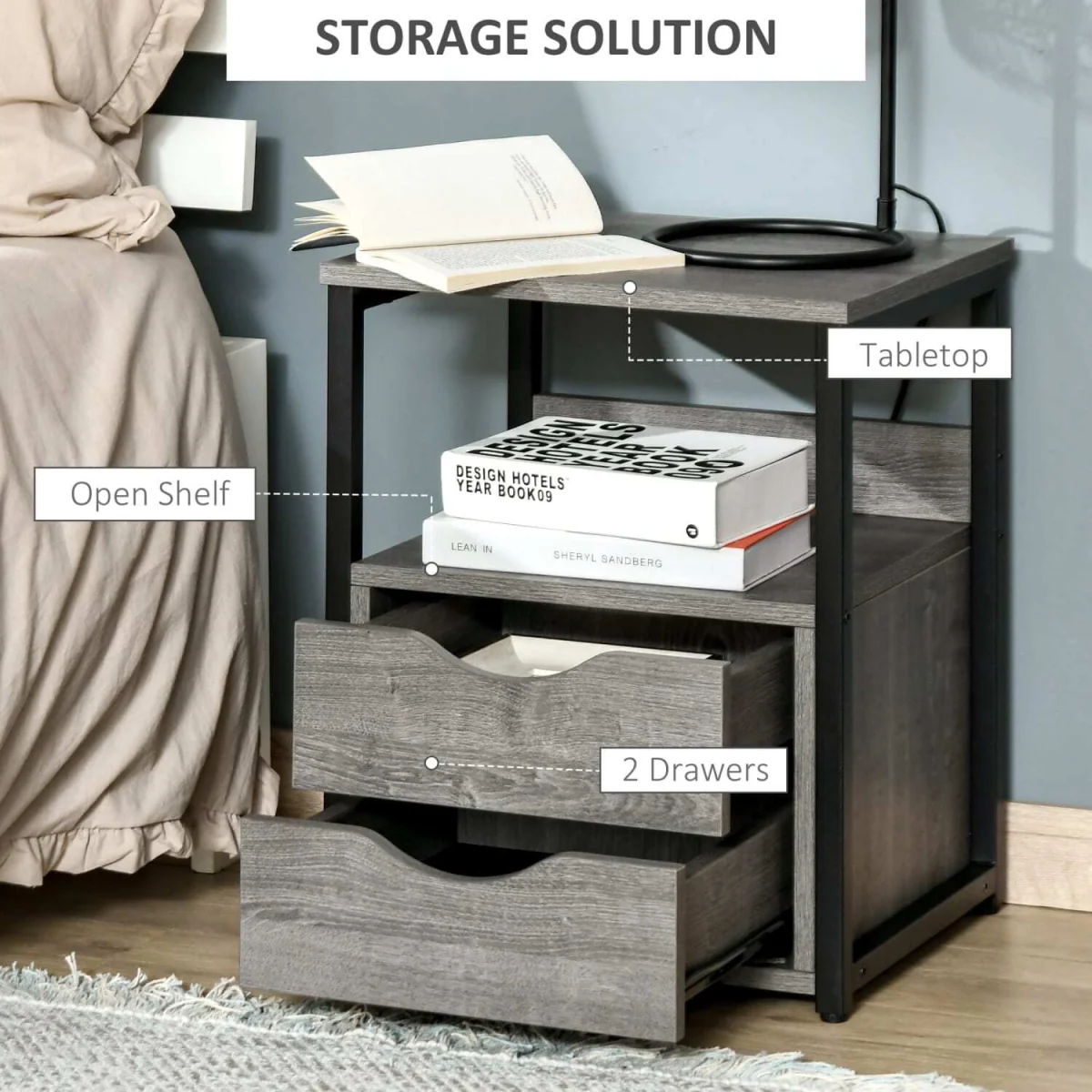 Sesopa Metal Grey Industrial Slim Bedside Table With Drawer And Shelf – image 4