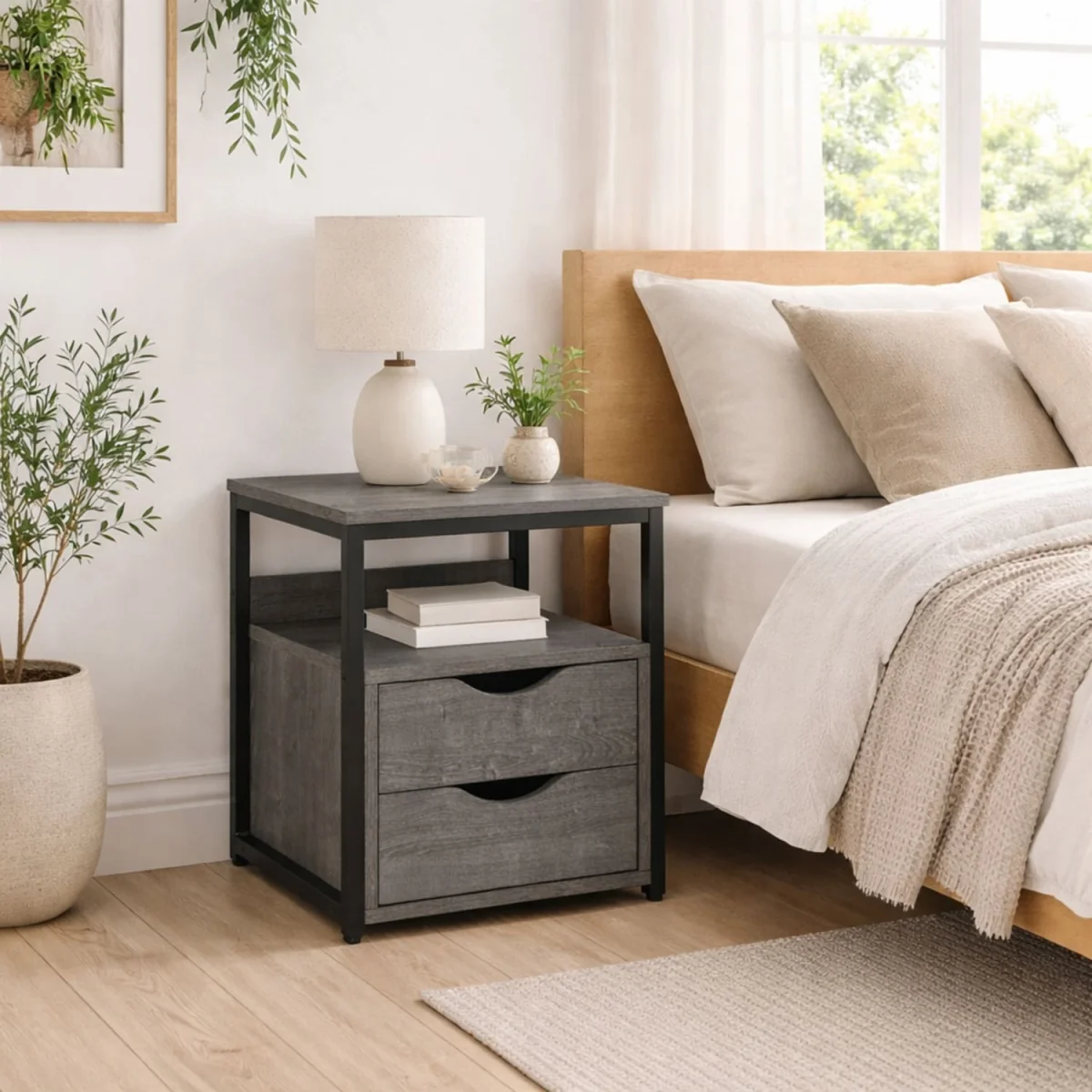 Sesopa Metal Grey Industrial Slim Bedside Table With Drawer And Shelf – image 1