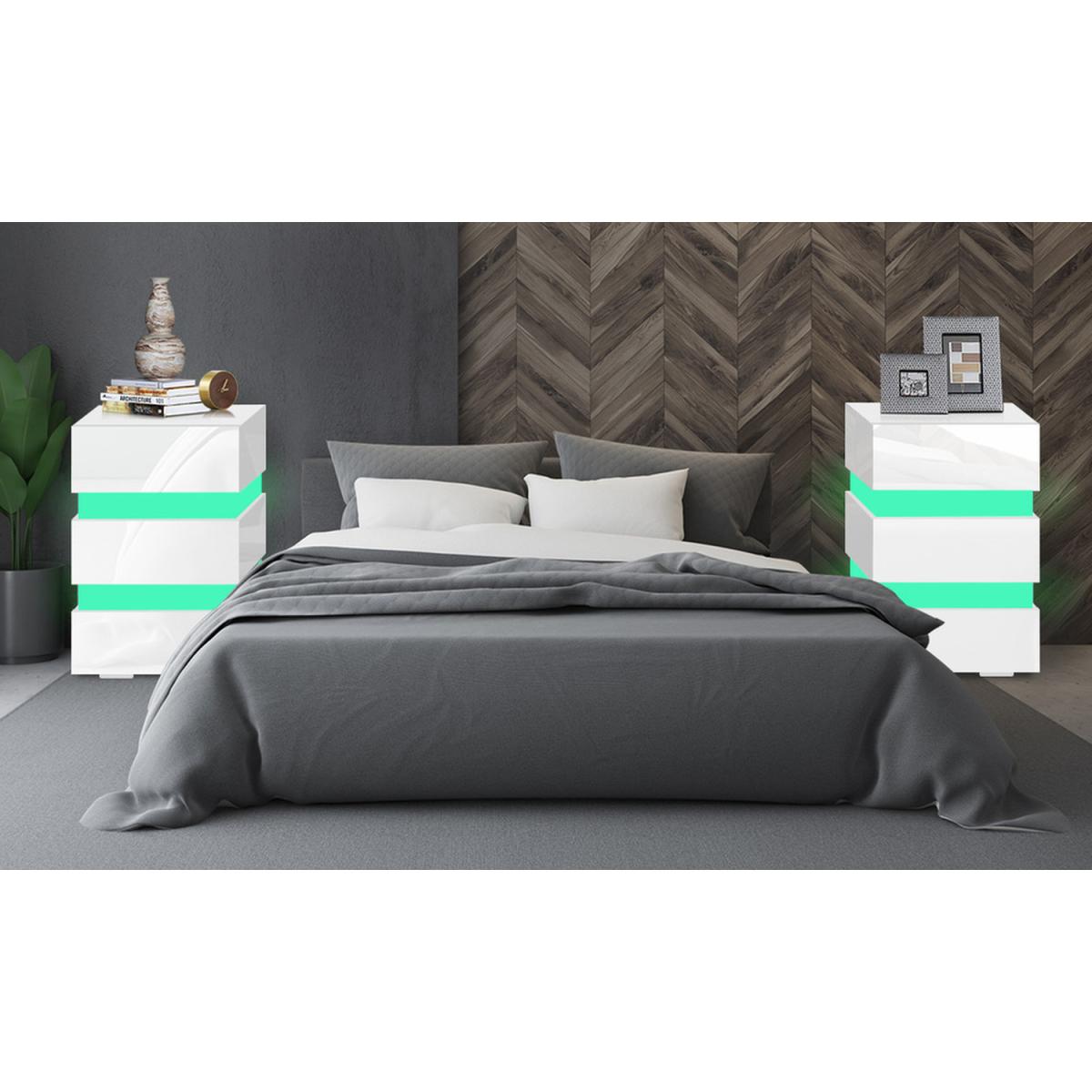 RGB LED High Gloss 3 Drawer Bedside Table Double Light - White – image 3