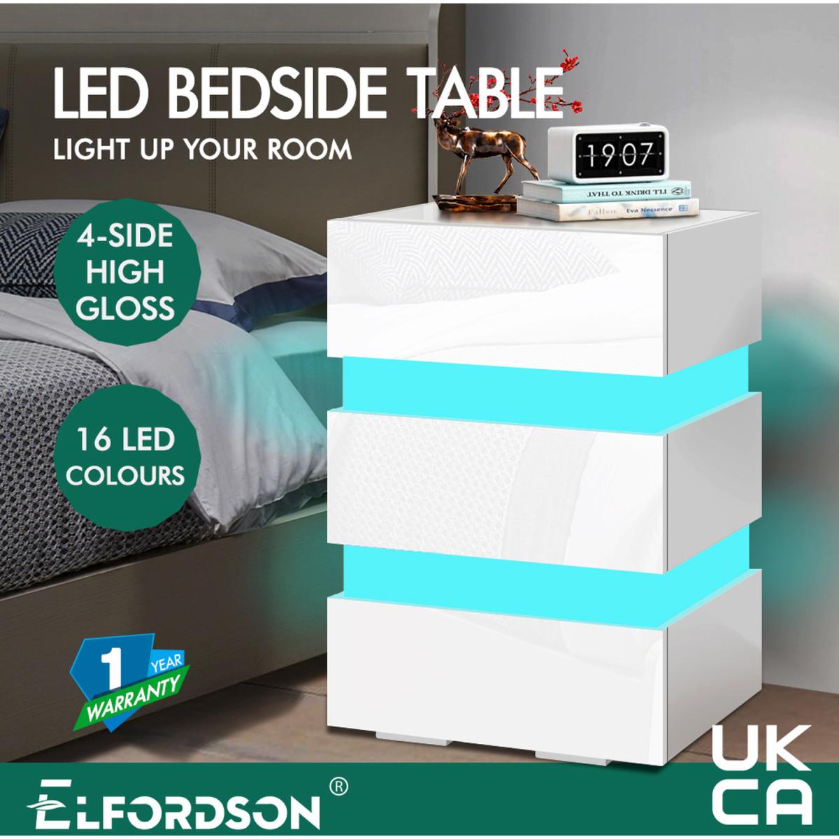 RGB LED High Gloss 3 Drawer Bedside Table Double Light - White – image 7