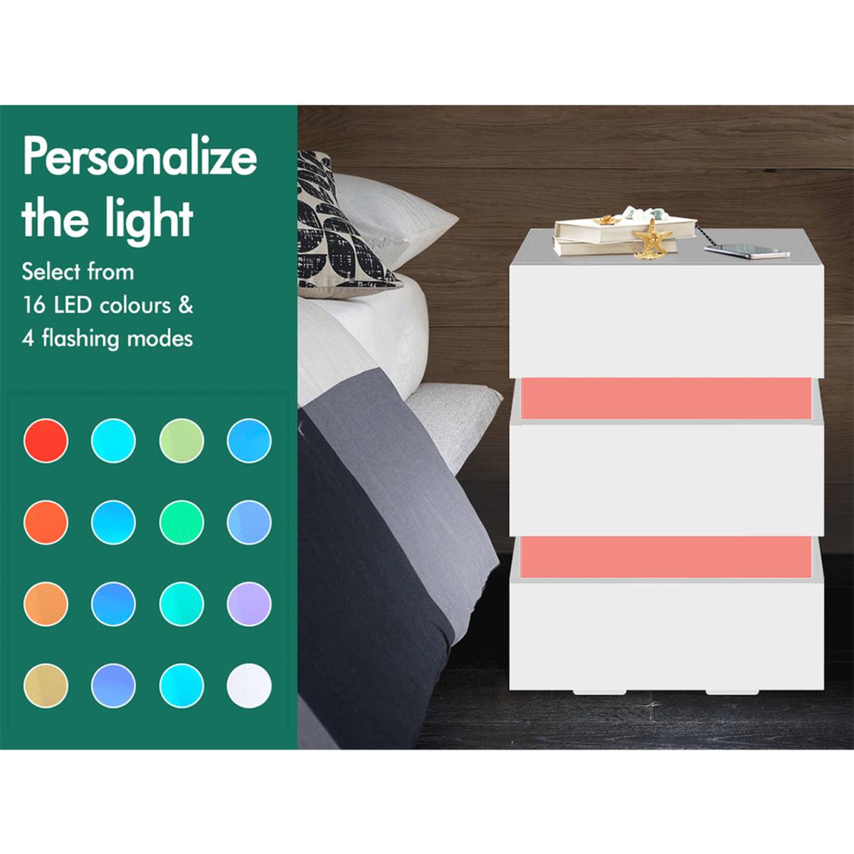 RGB LED High Gloss 3 Drawer Bedside Table Double Light - White – image 8