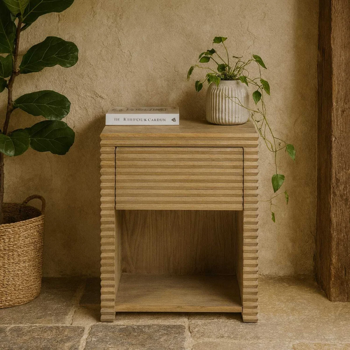 Mandarina Weathered Oak Ribbed 1-Drawer Bedside Table - Neutral – image 2