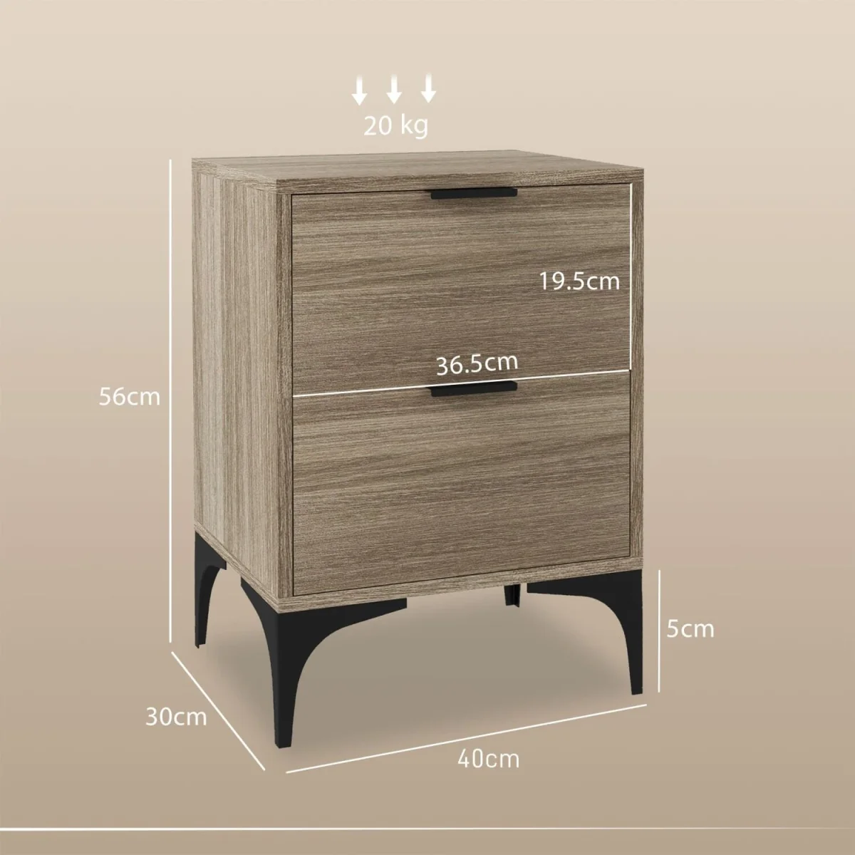 Nielel Set of 2 Grey Wood-Effect Bedside Tables, 2 Drawers – image 2