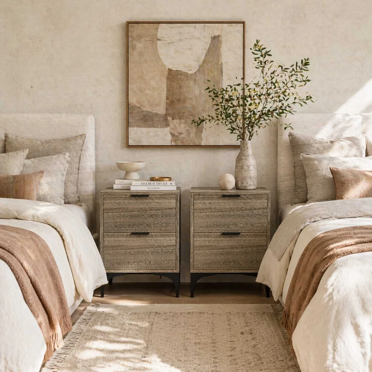 Nielel Set of 2 Grey Wood-Effect Bedside Tables, 2 Drawers – image 3