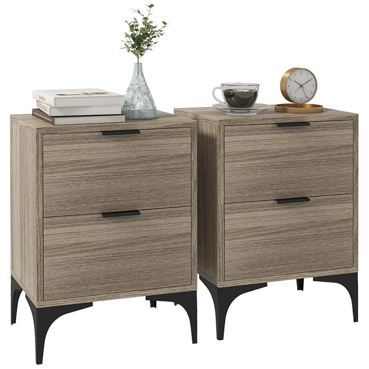 Nielel Set of 2 Grey Wood-Effect Bedside Tables, 2 Drawers – image 4